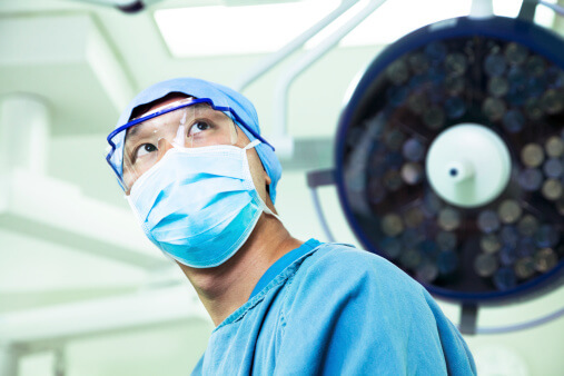 Surgeon wearing a surgical mask and glasses in operating room