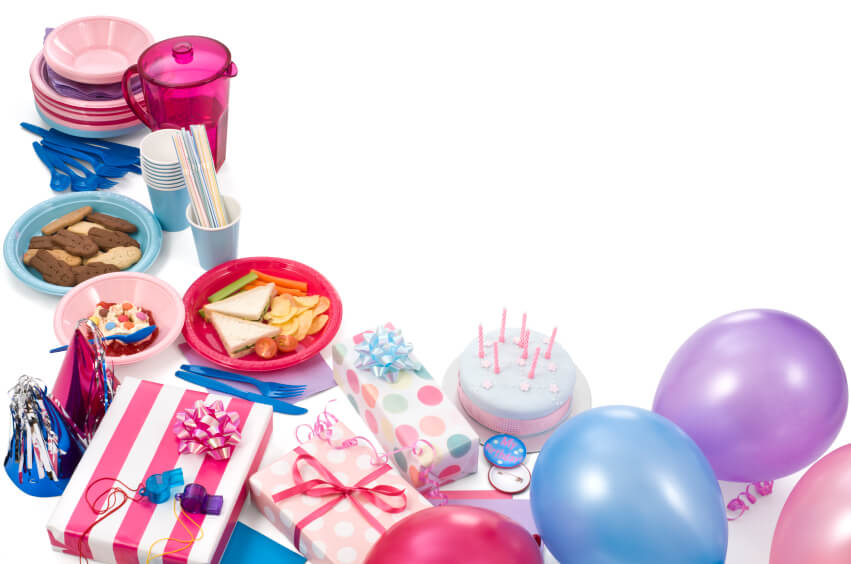 birthday party supplies on white background