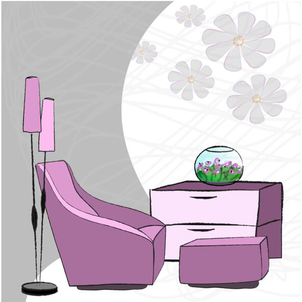 Colorful illustration of a retro living room interior design